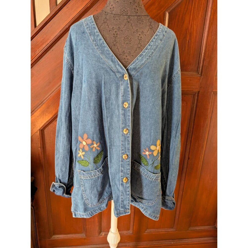 Vintage Haiks Denim Button-Up Floral Embroidered Pockets 18W Womens Casual Jacke